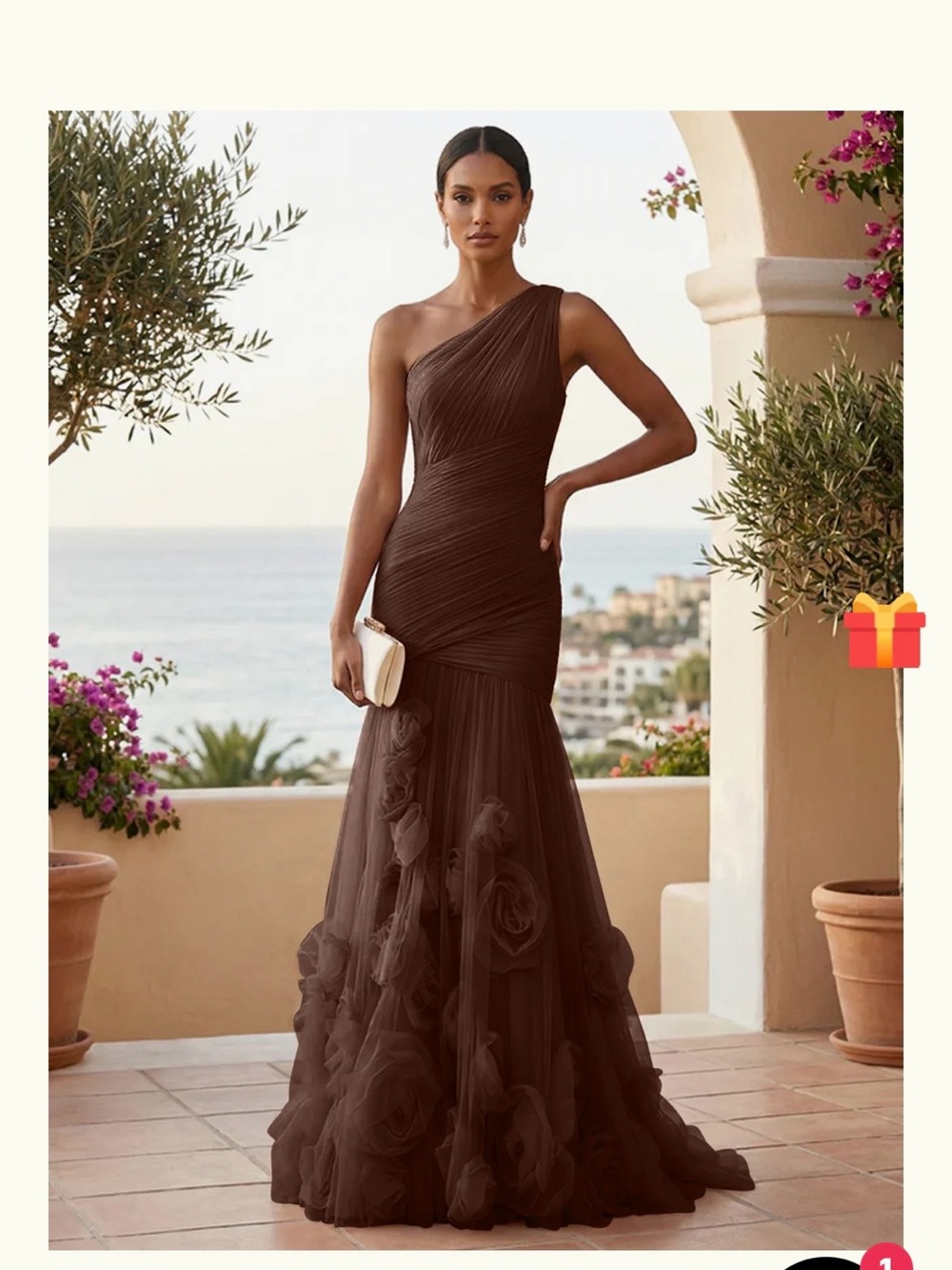 Elegant One-Shoulder Brown Evening Gown